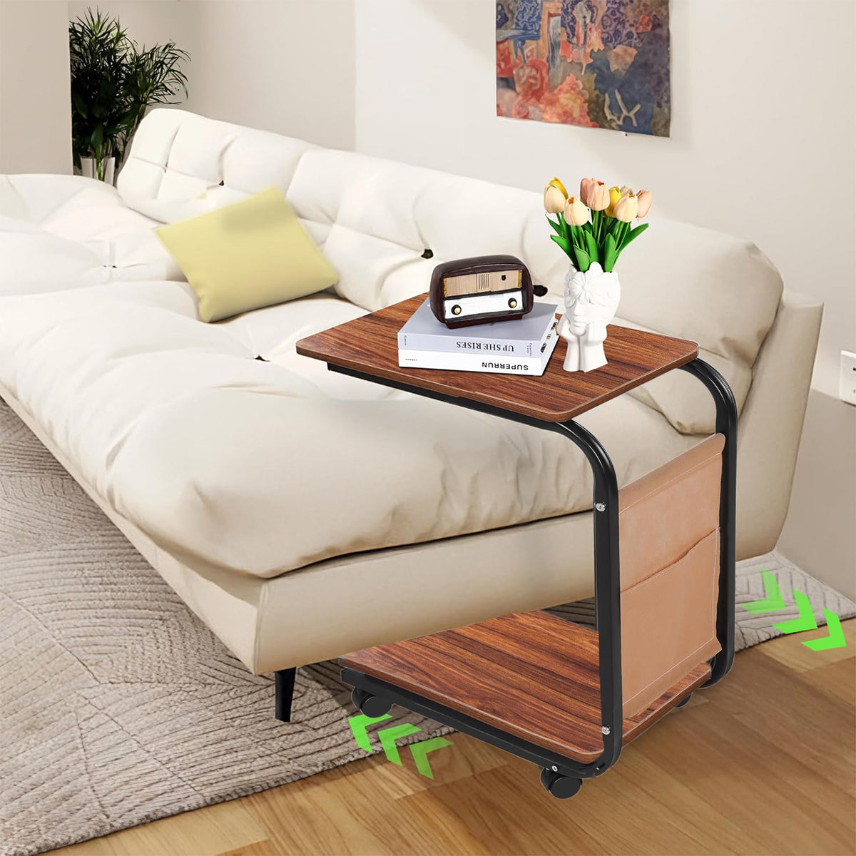 Movable Side Table with Wheels for Sofa Bedroom Living Room