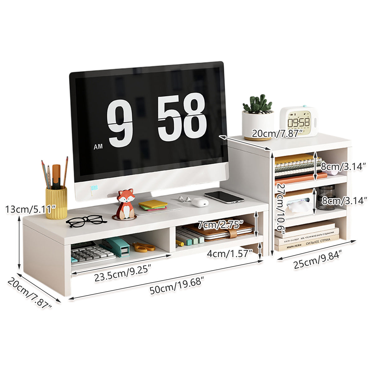 2 Pcs Monitor Riser and 3-Tier Desk Storage Rack White Wood