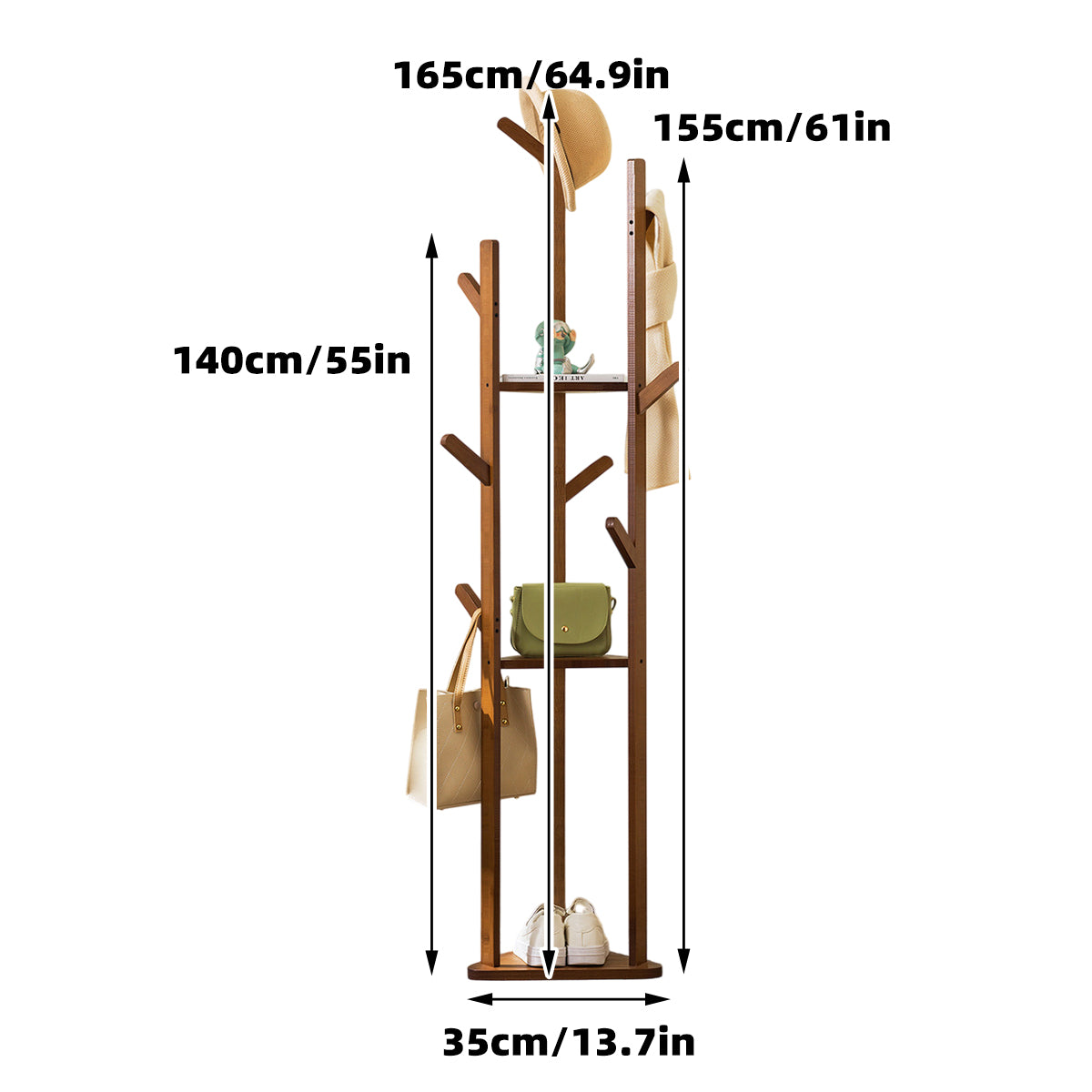 Bamboo Floor Standing Clothes Rack with 8 Hooks