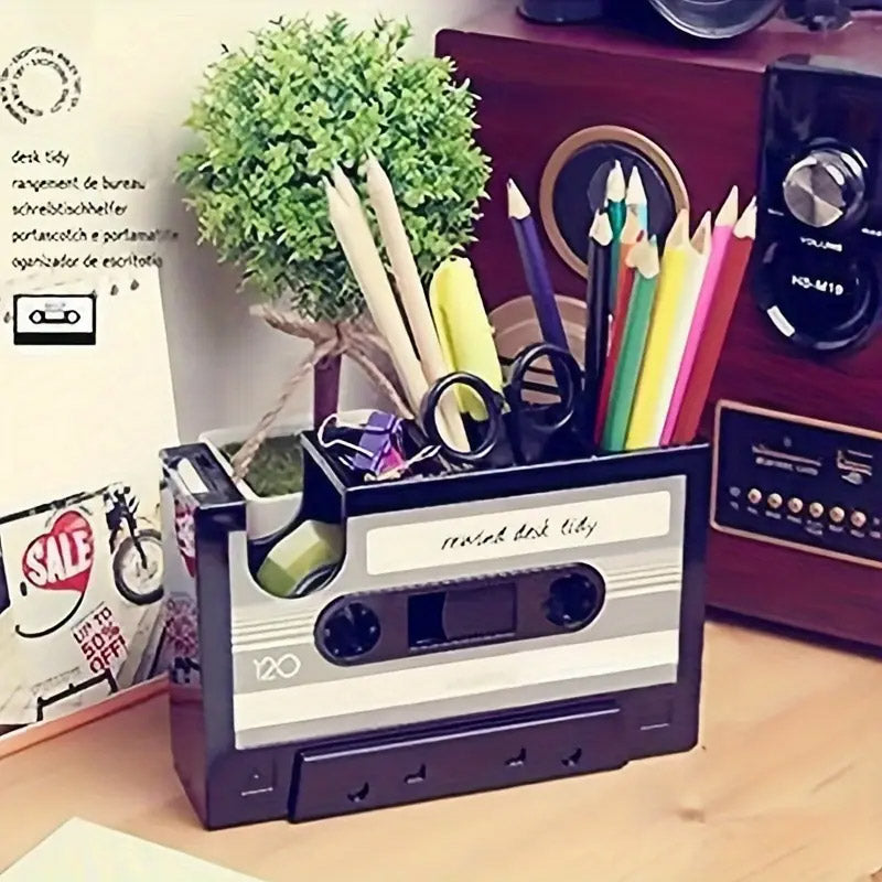 Vintage Cassette Desktop Organiser Pen Holder Tape Dispenser