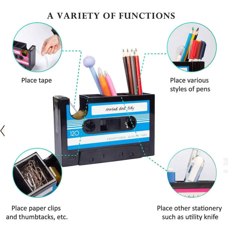 Vintage Cassette Desktop Organiser Pen Holder Tape Dispenser