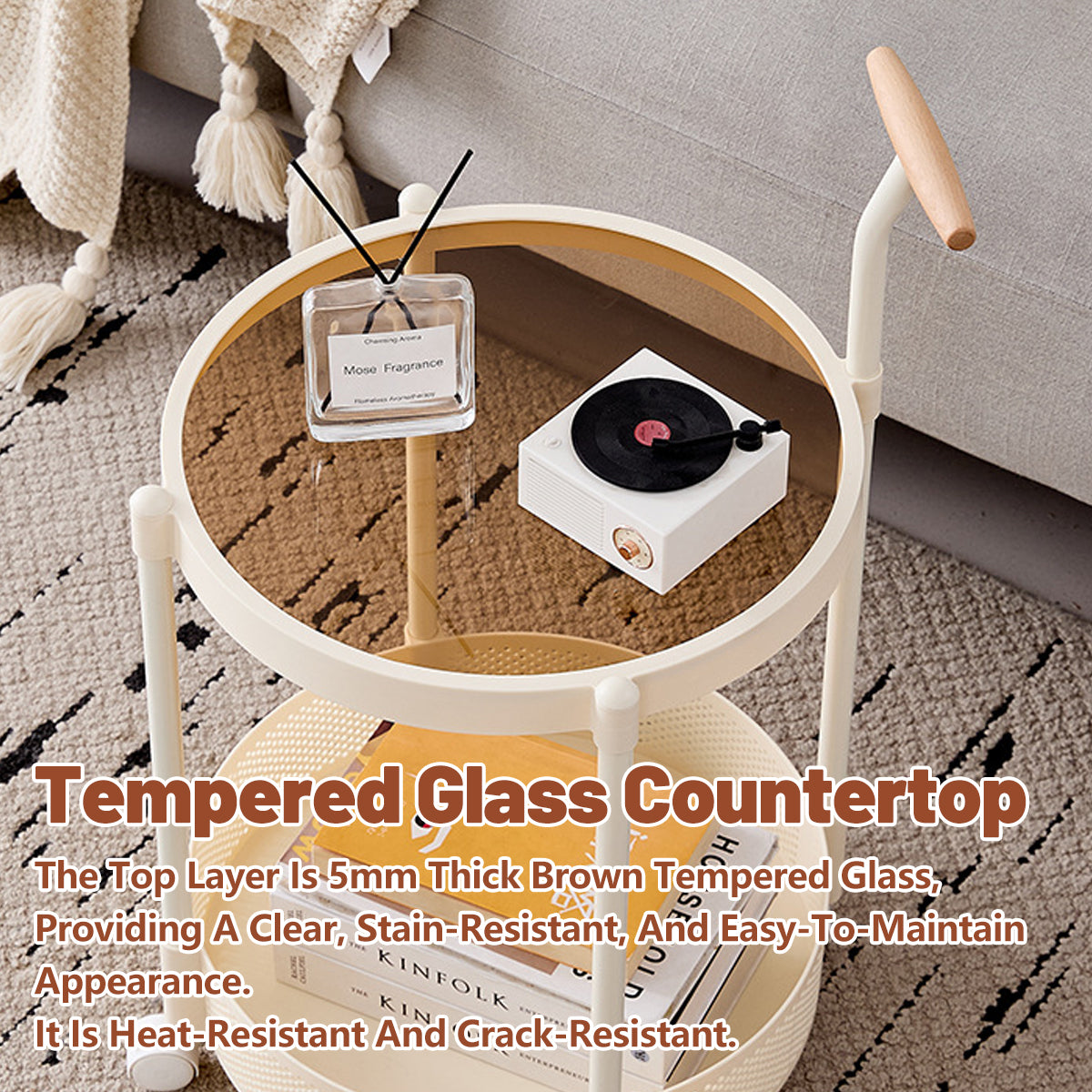 Movable Side Table with Rolling Caster Wheels 2 Tier Design