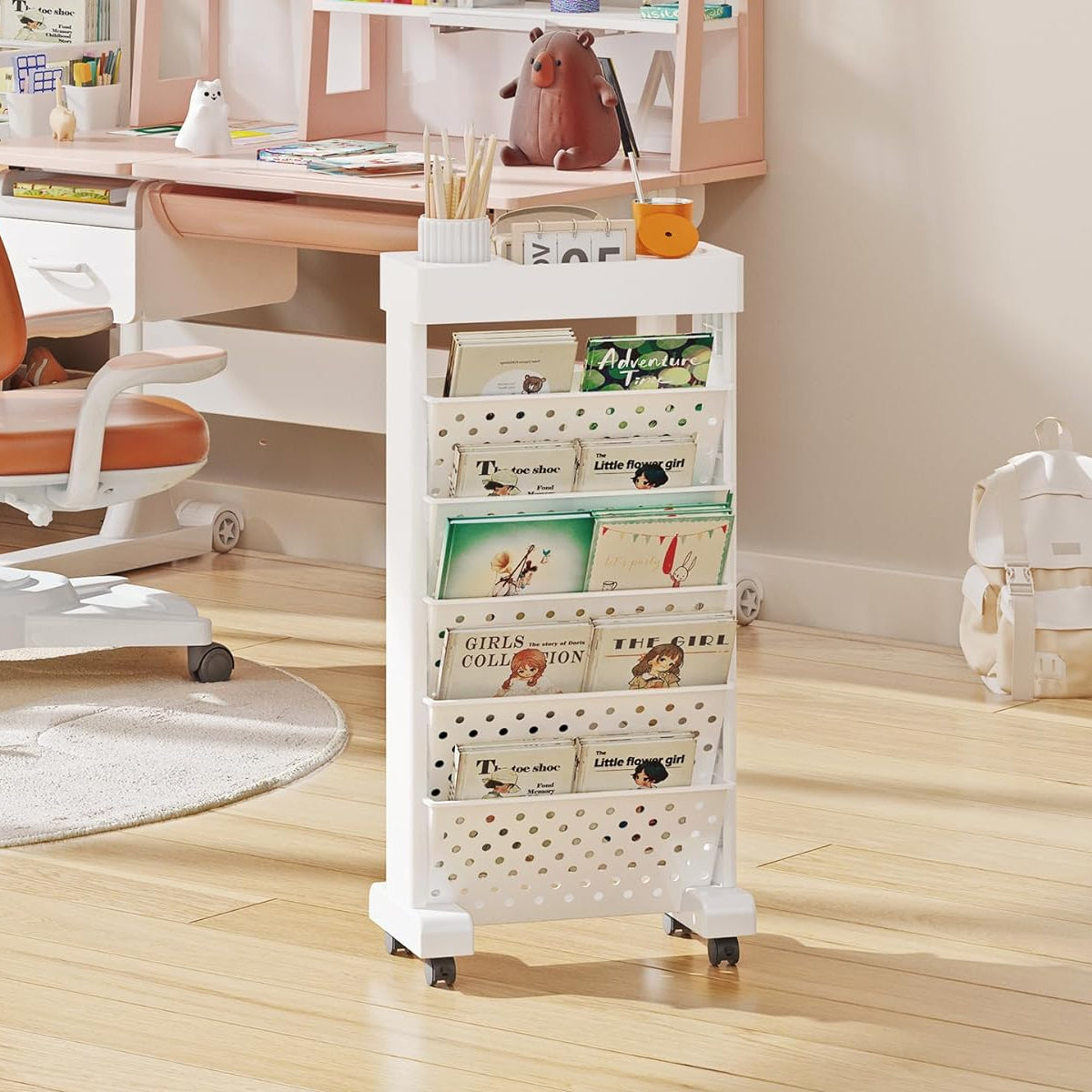 5 Tier Rolling Bookshelf Rack Movable Storage Organizer