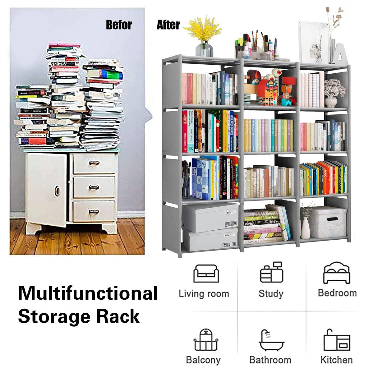 Bookshelf Storage Cabinet Steel Frame 9 or 12 Compartments
