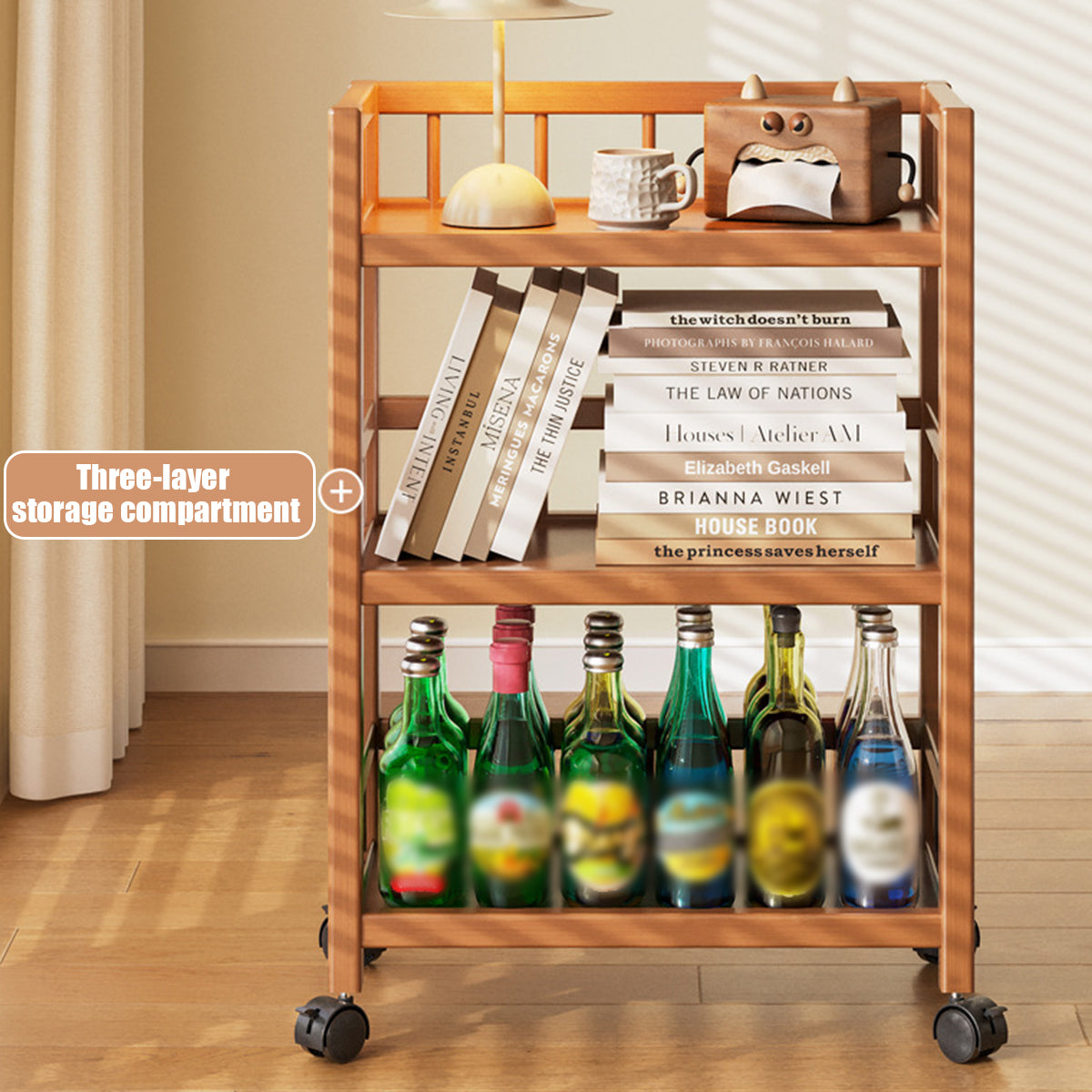 3 Tier Bamboo Movable Storage Rack with Wheels