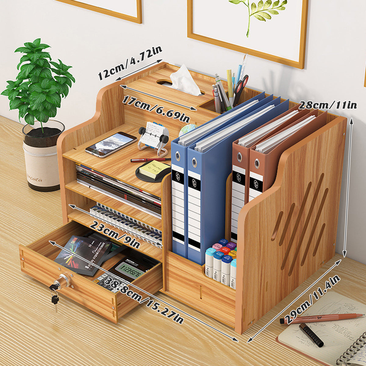 Desktop Storage Box Desk Organizer with Lock 38.8×29×28cm Wood