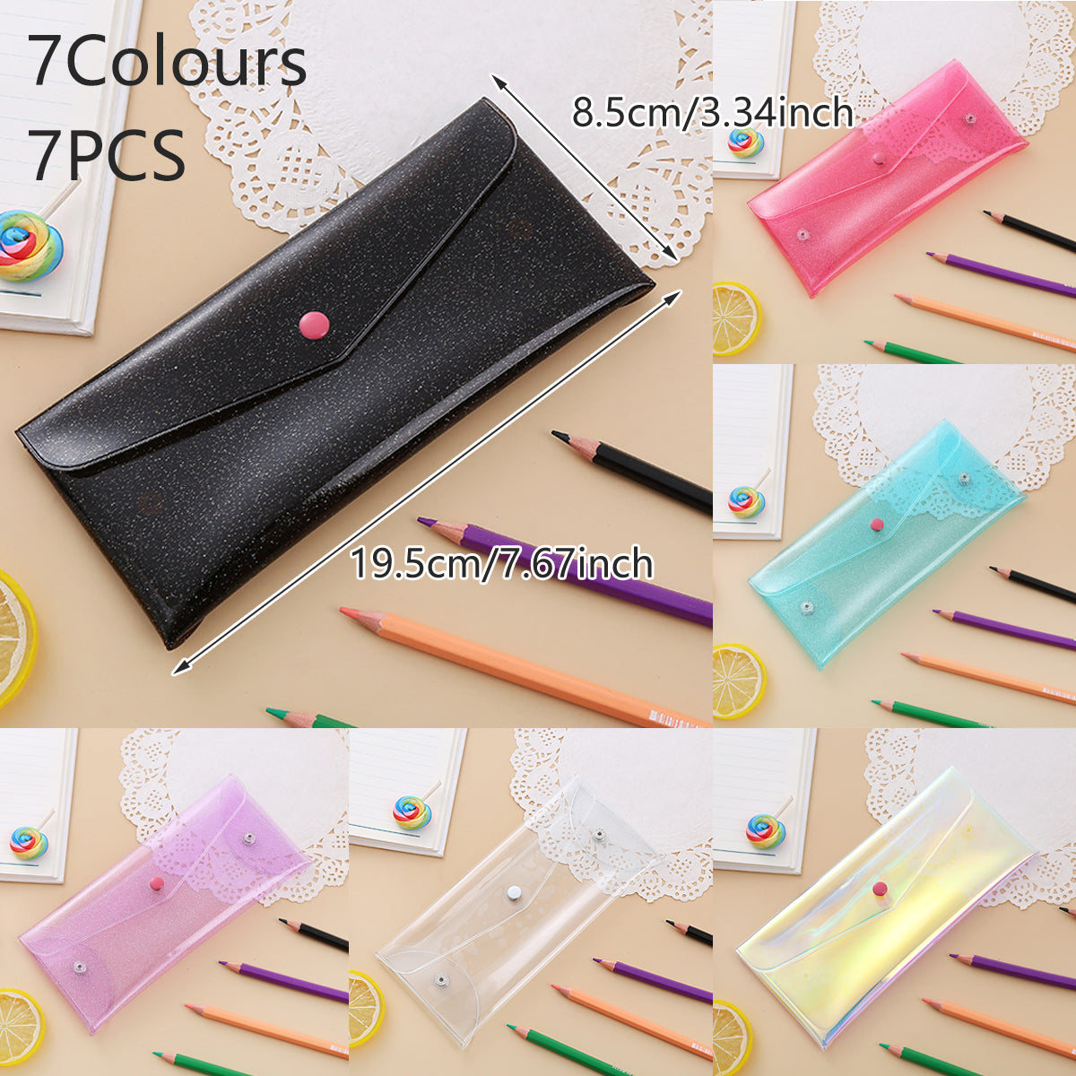 7 Pcs Transparent Pencil Bags PVC Snap Button Assorted Colours