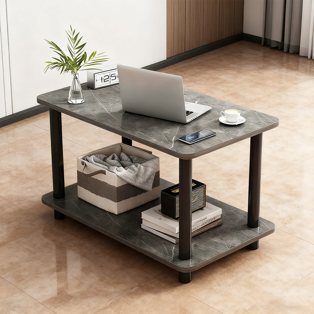 2-Tier Narrow Side Table with Storage Shelf and Space-Saving Design