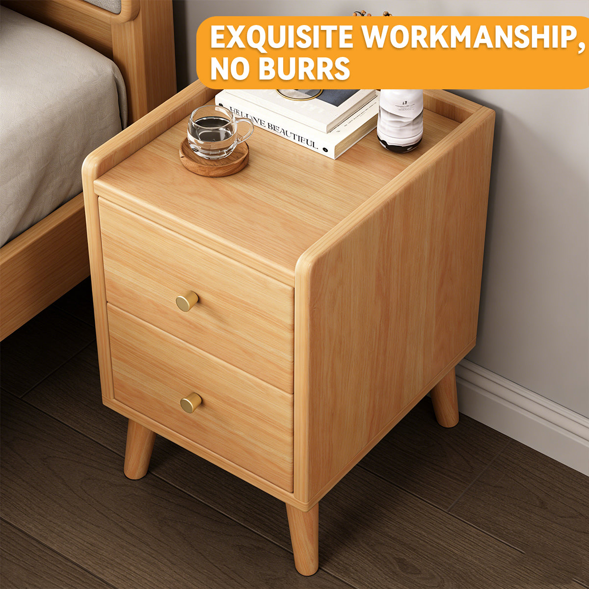 Narrow Wooden Bedside Table with 2 Drawers