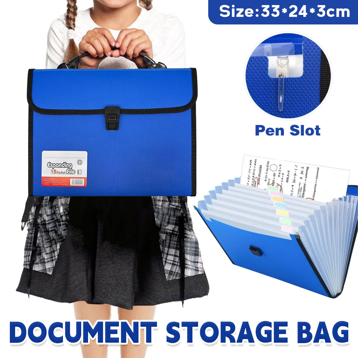 A4 Expanding File Folder 13 Pockets with Handle Blue PP