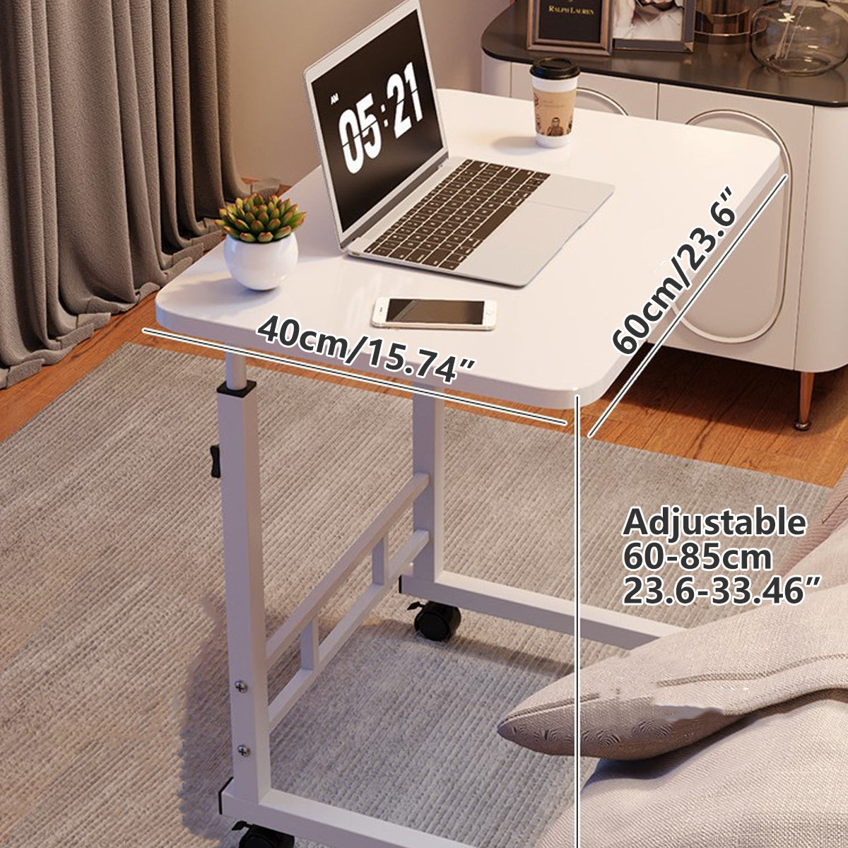 Movable Bedside Table Desk with Adjustable Height White