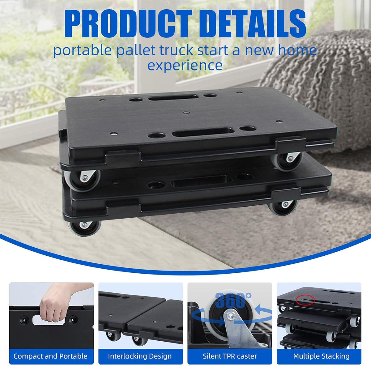 2 Pcs Rolling Utility Cart Silent Platform Trolley 50KG