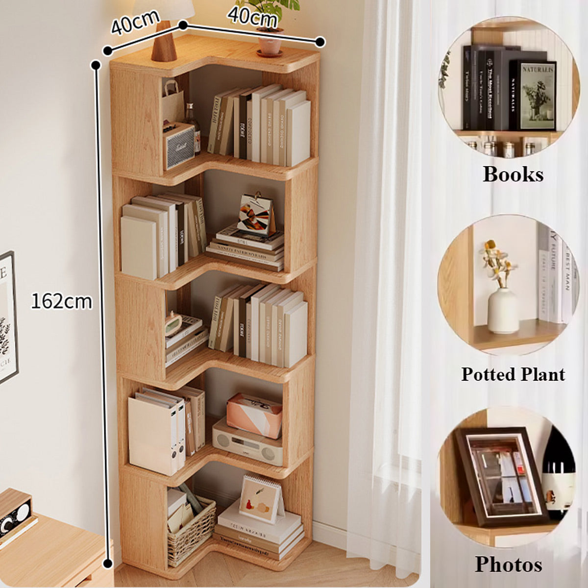 5-Shelf Corner Bookcase Natural Wood Space Saving