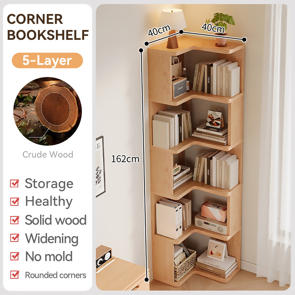 5-Shelf Corner Bookcase Natural Wood Space Saving