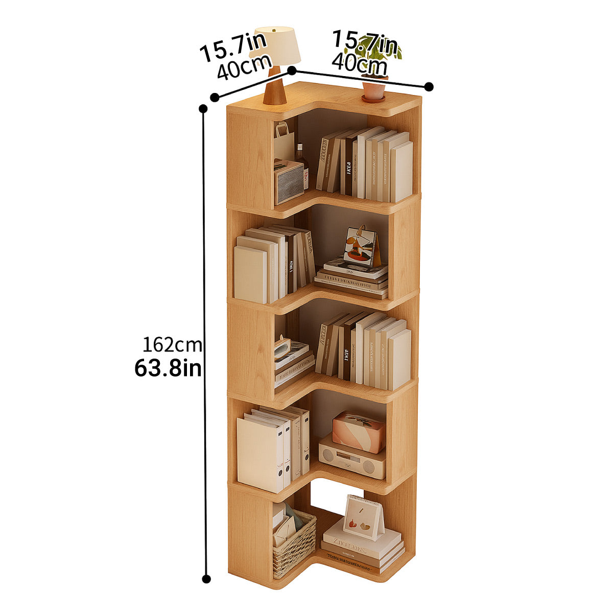 5-Shelf Corner Bookcase Natural Wood Space Saving