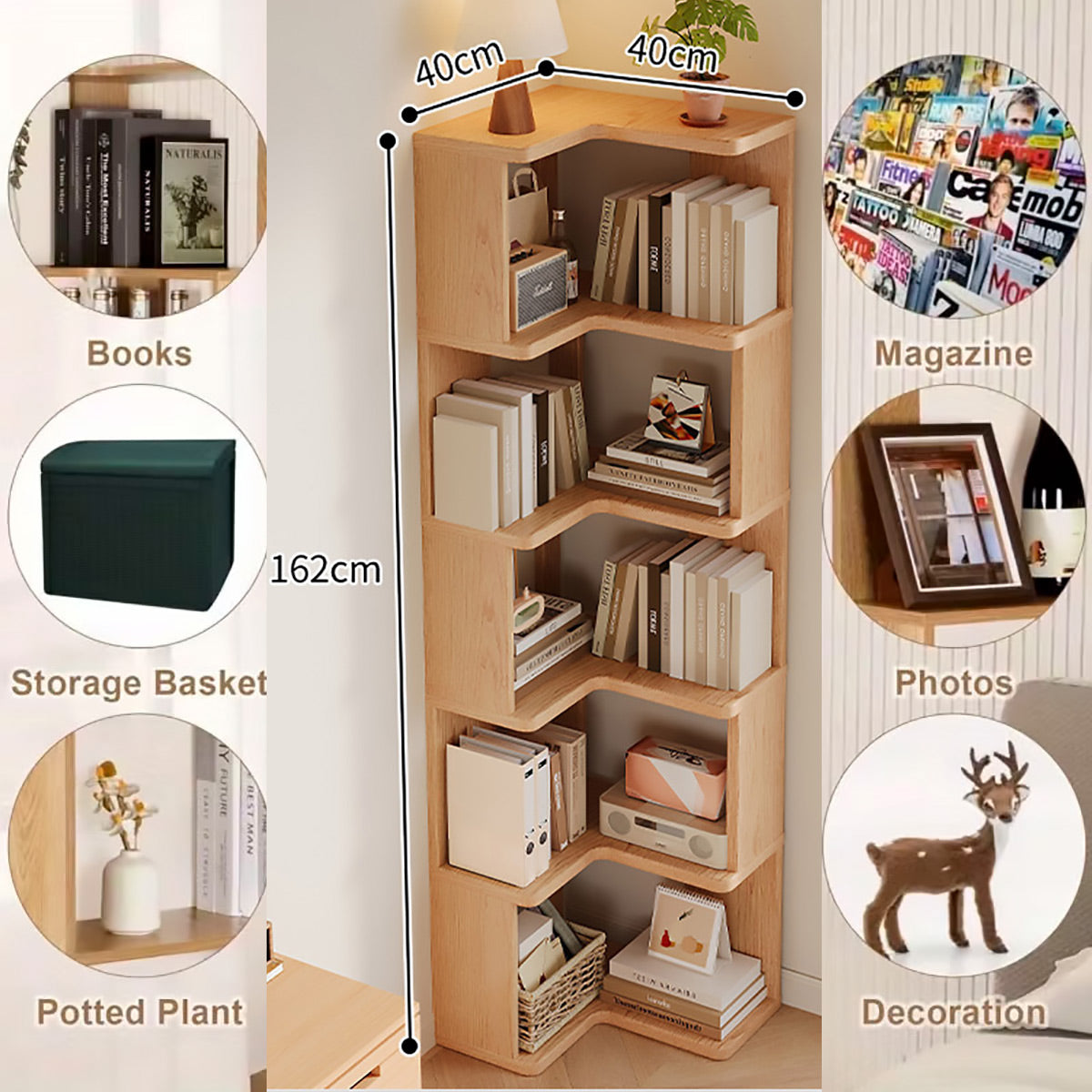 5-Shelf Corner Bookcase Natural Wood Space Saving