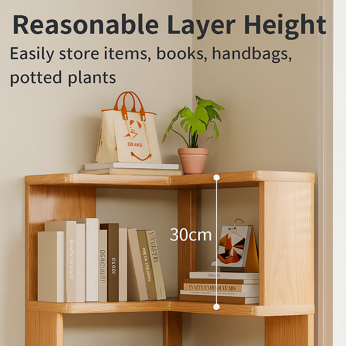 5-Shelf Corner Bookcase Natural Wood Space Saving