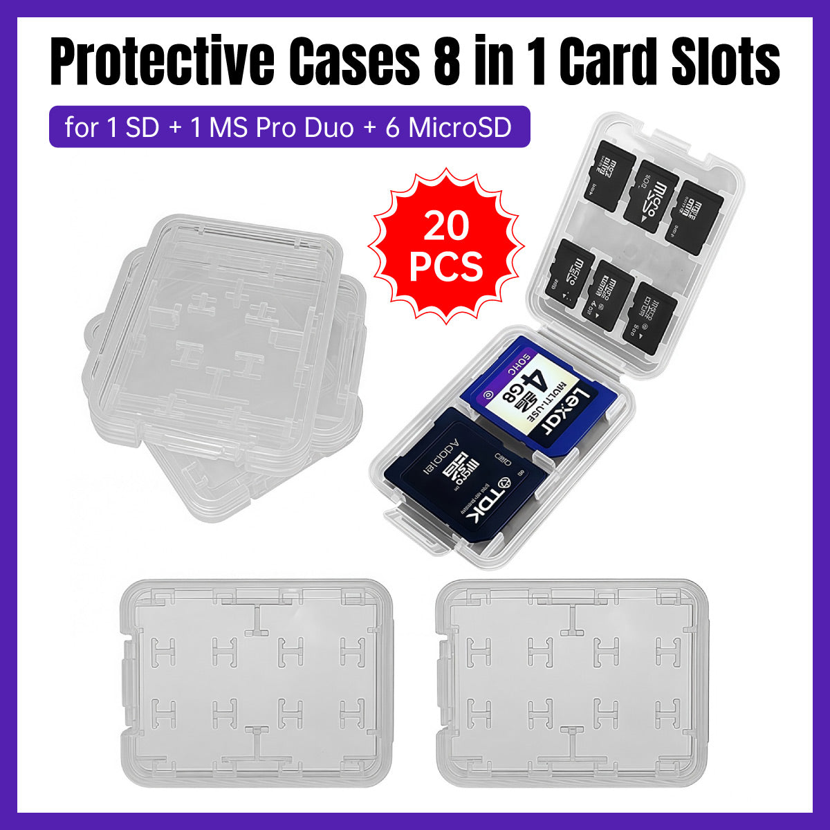 20 Pcs 8-in-1 Memory Card Cases for SD MicroSD