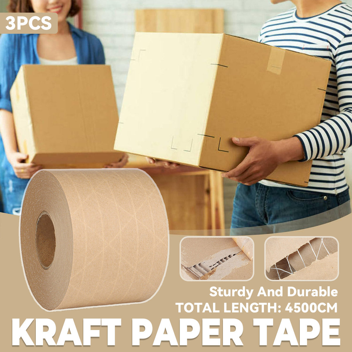 3 Rolls Water Activated Kraft Paper Tape 4.5m