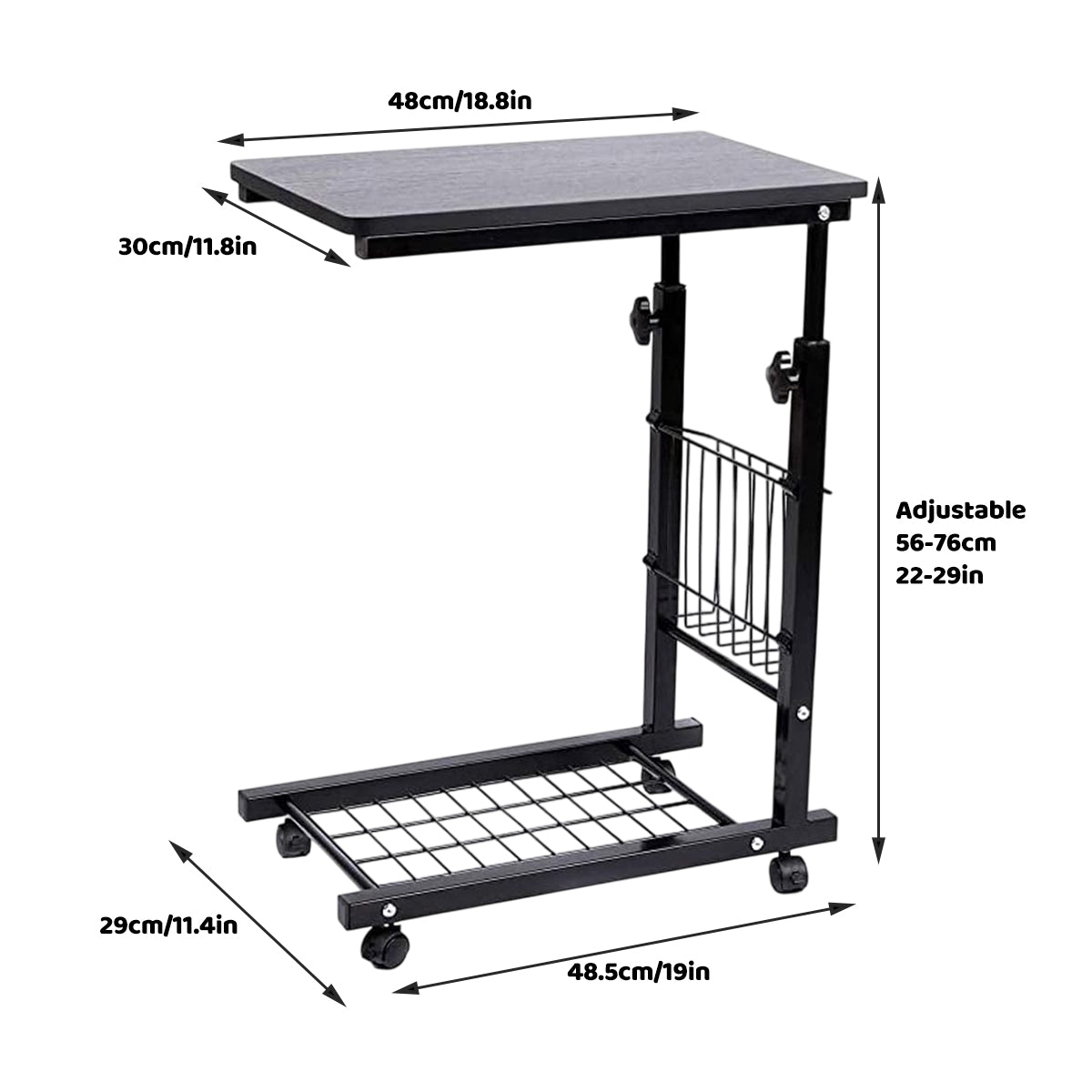 Mobile Adjustable Side Table with Storage Basket and Shelf