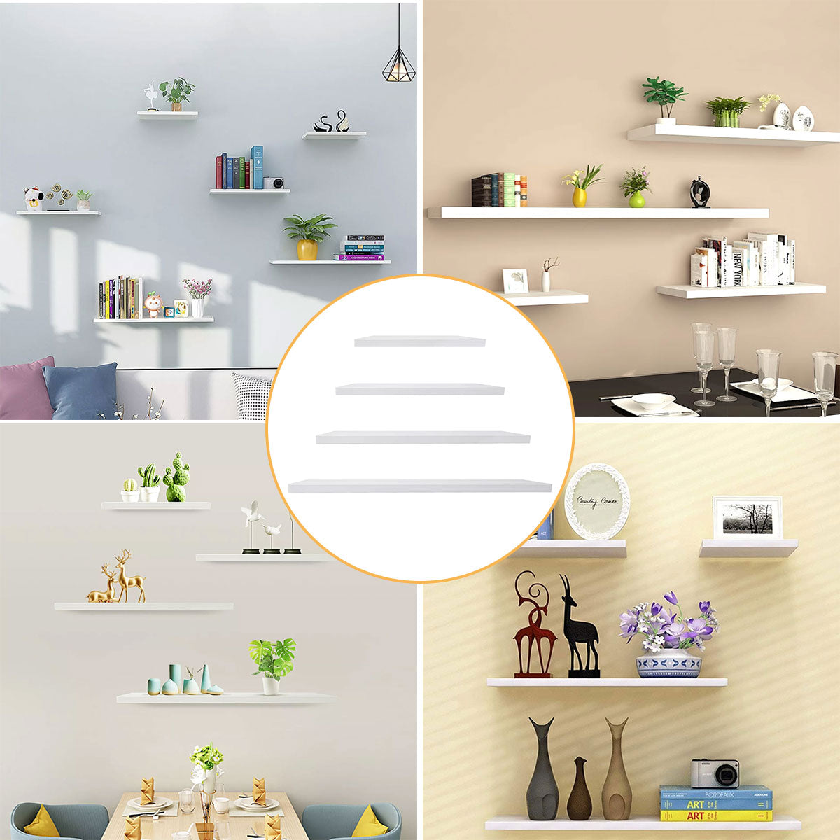 4 Pcs Wooden Floating Wall Shelves White Decorative Set
