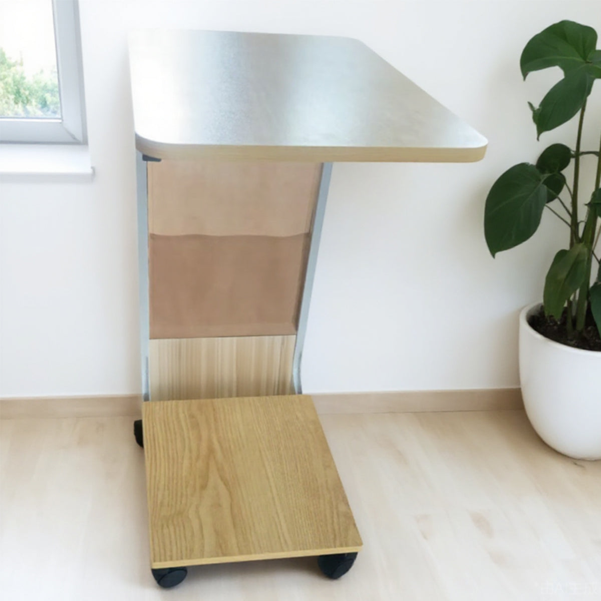 Mobile Side Table with Wheels and Magazine Pocket