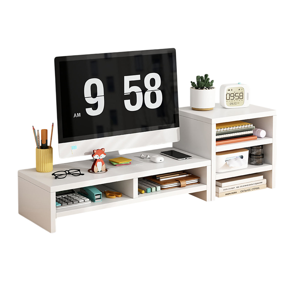 2 Pcs Monitor Riser and 3-Tier Desk Storage Rack White Wood