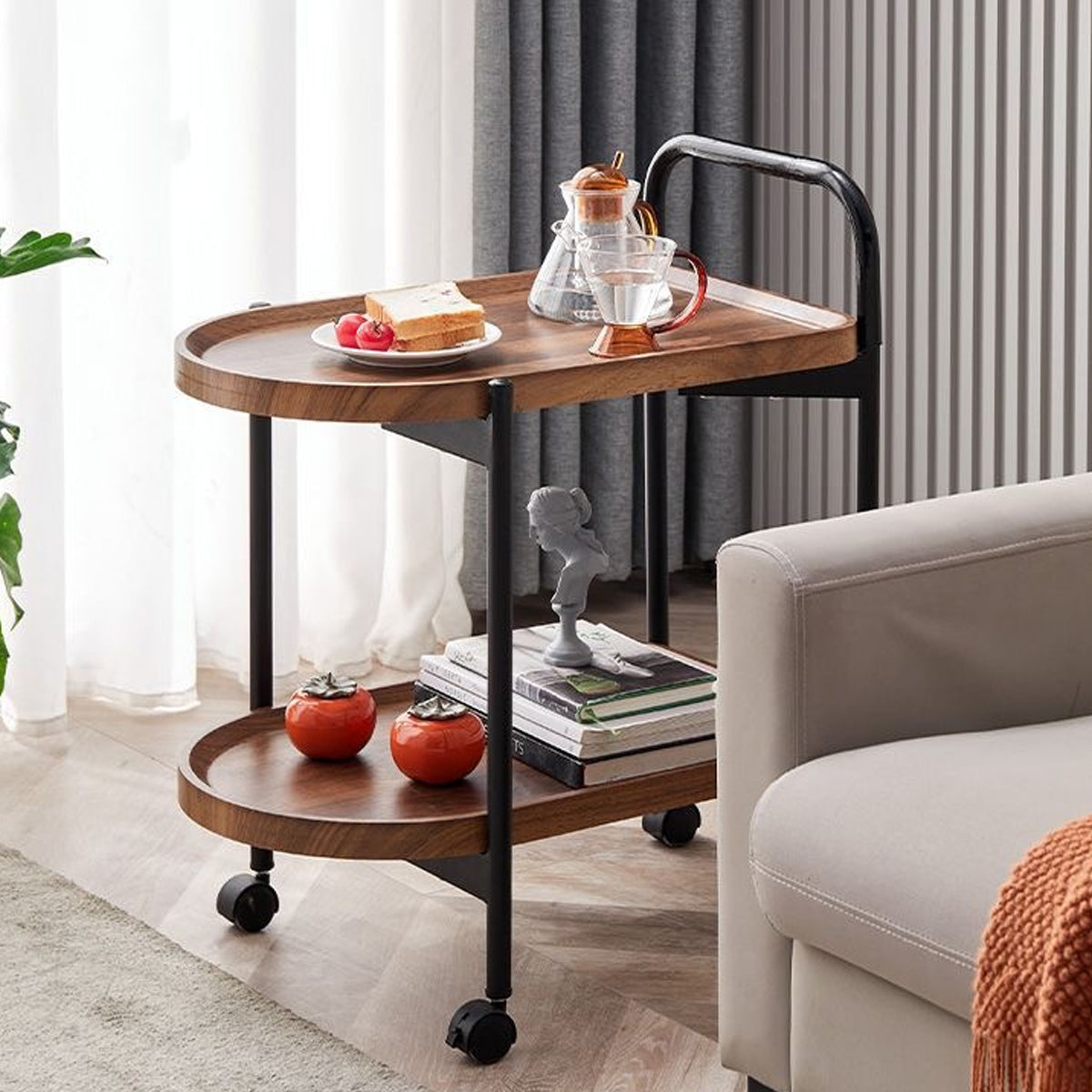 Movable Sofa Side Table Tea Trolley Shelf with Lockable Wheels