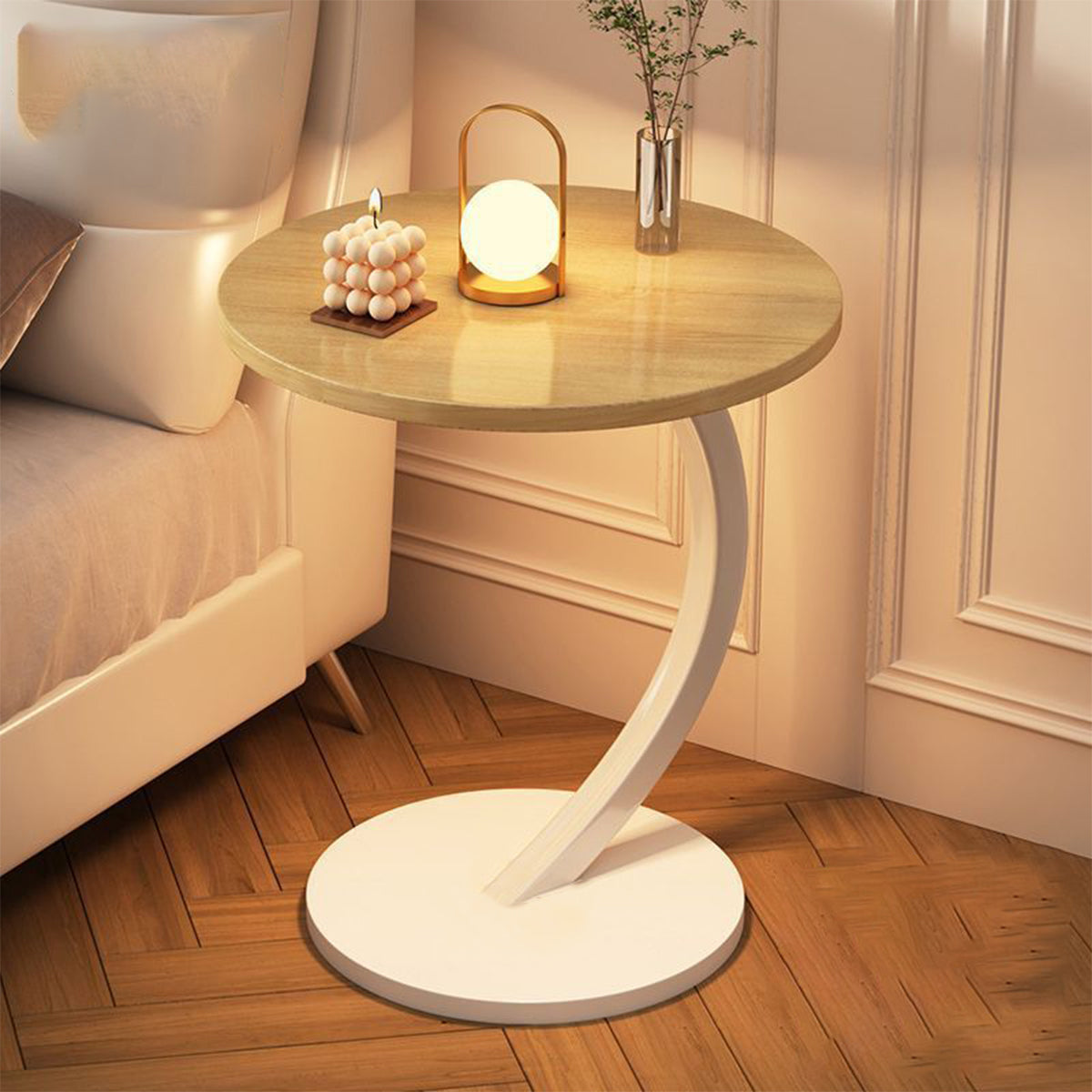 C-Shaped Side Table with Metal Frame for Sofa
