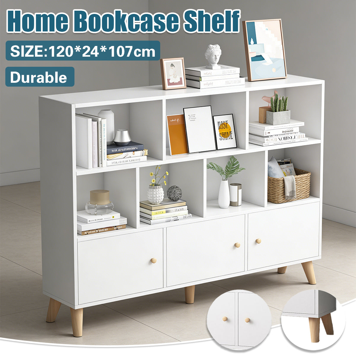 White Bookcase Storage Cabinet with Doors and Legs