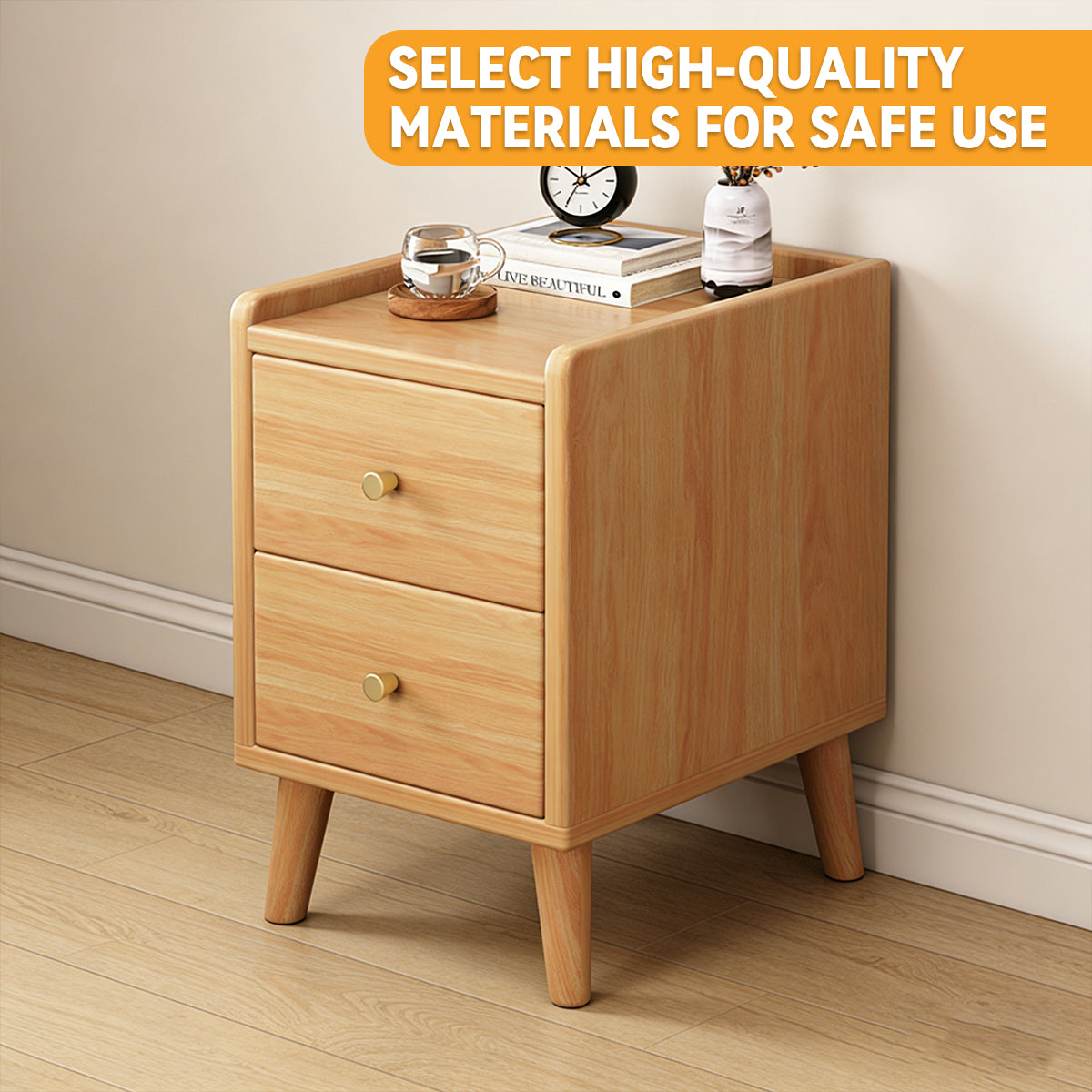 Narrow Wooden Bedside Table with 2 Drawers