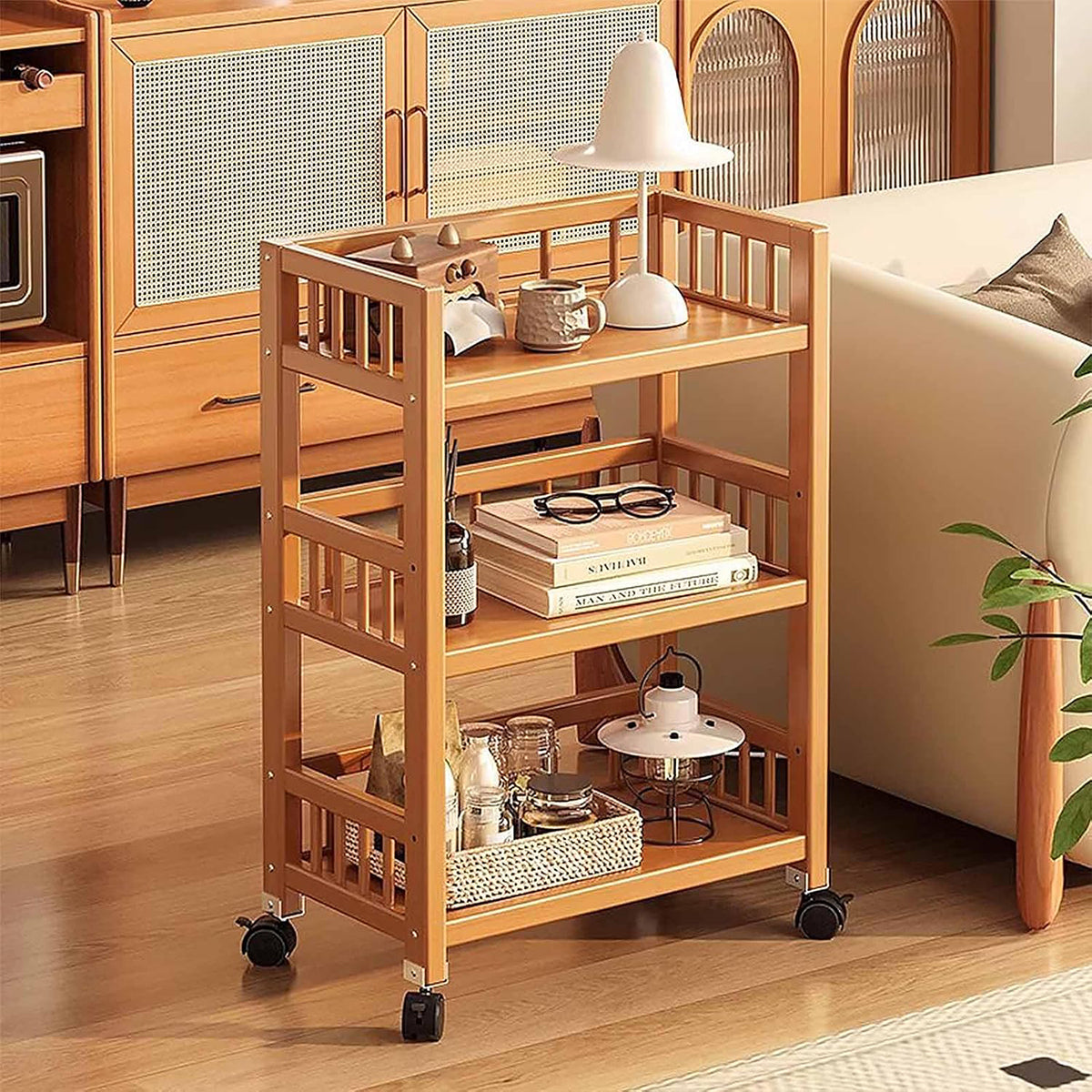 3 Tier Bamboo Movable Storage Rack with Wheels