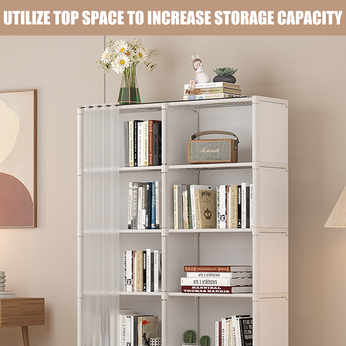 Versatile Bookshelf Storage Rack with Dust Proof Curtain