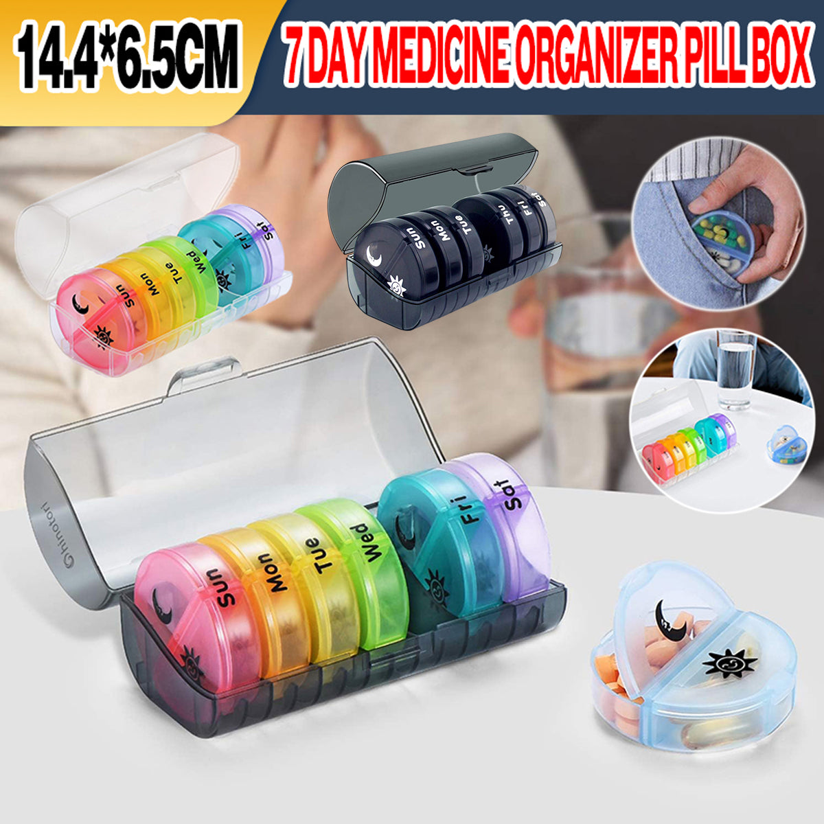 7 Day Round Mini Travel Pill Box Snap Closure