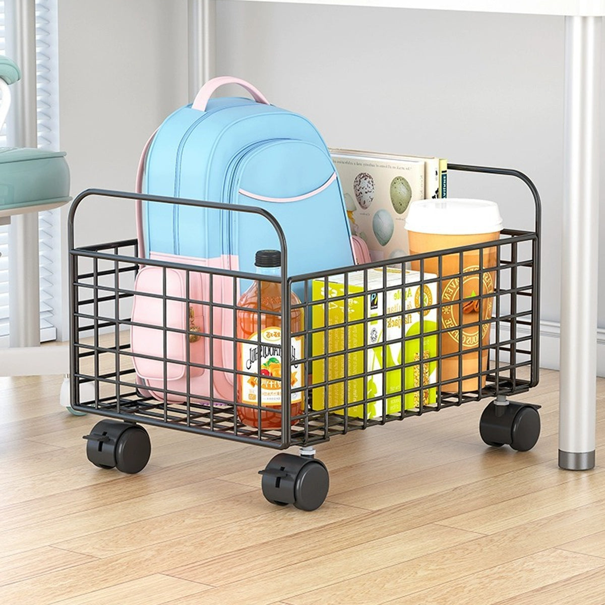 Under-Table Storage Rack with Wheels Metal Mesh Design