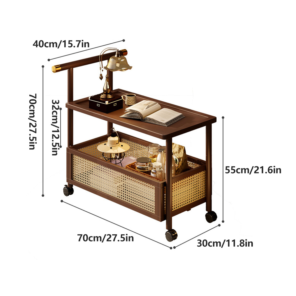Bamboo Mobile Coffee Table with Wheels and Storage Shelf