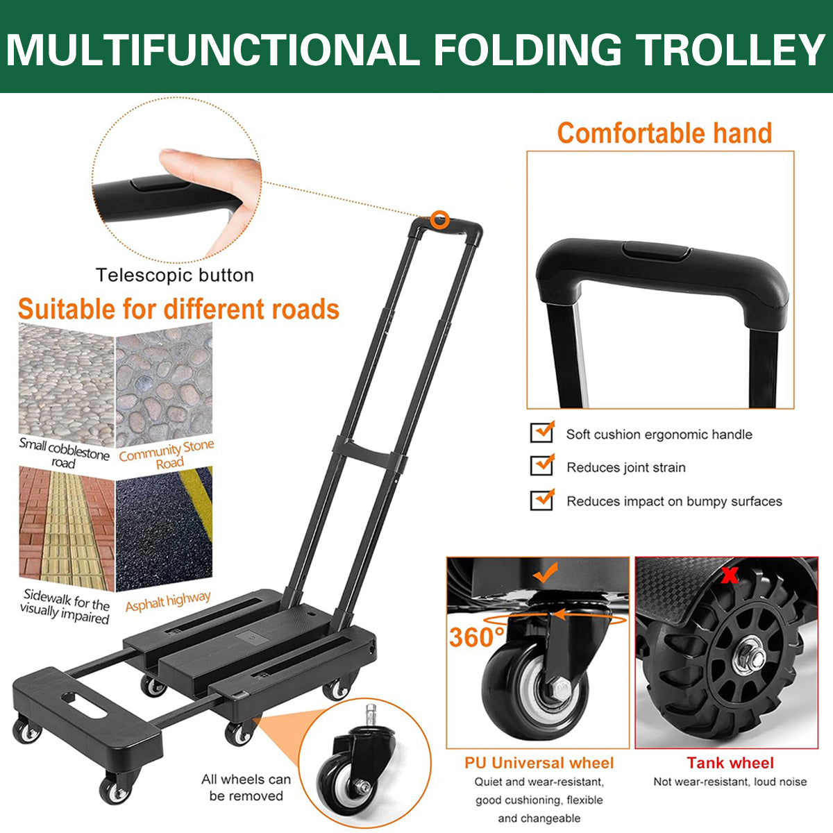 Foldable Flatbed Cart Heavy Duty Transport Trolley 200KG