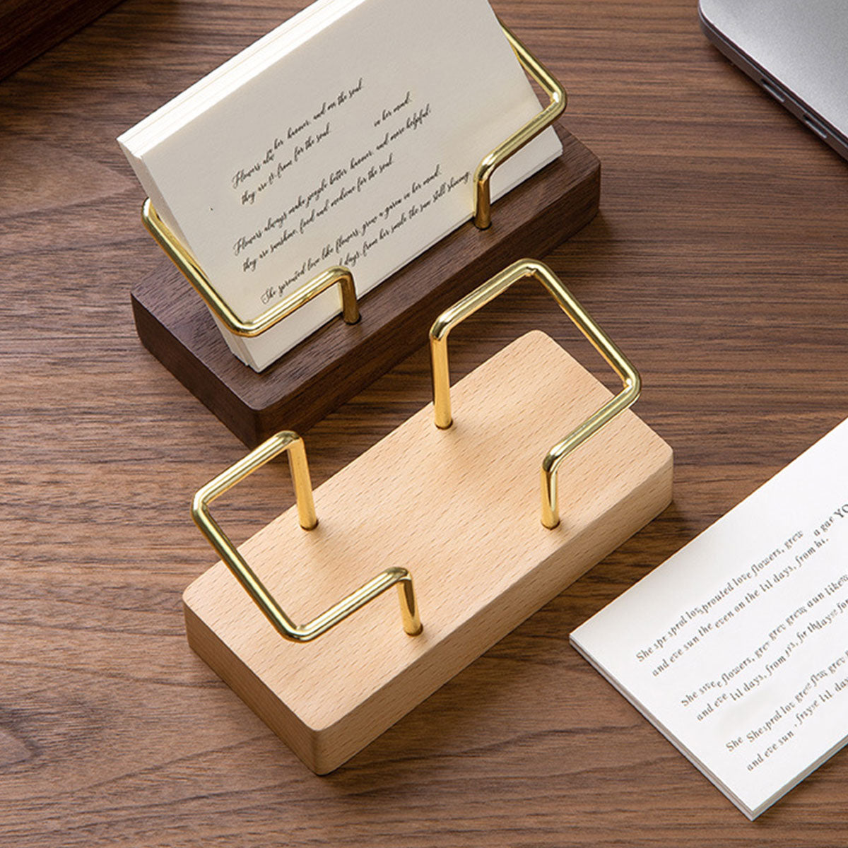 Wood Business Card Holder with Metal Frame Desk Organizer