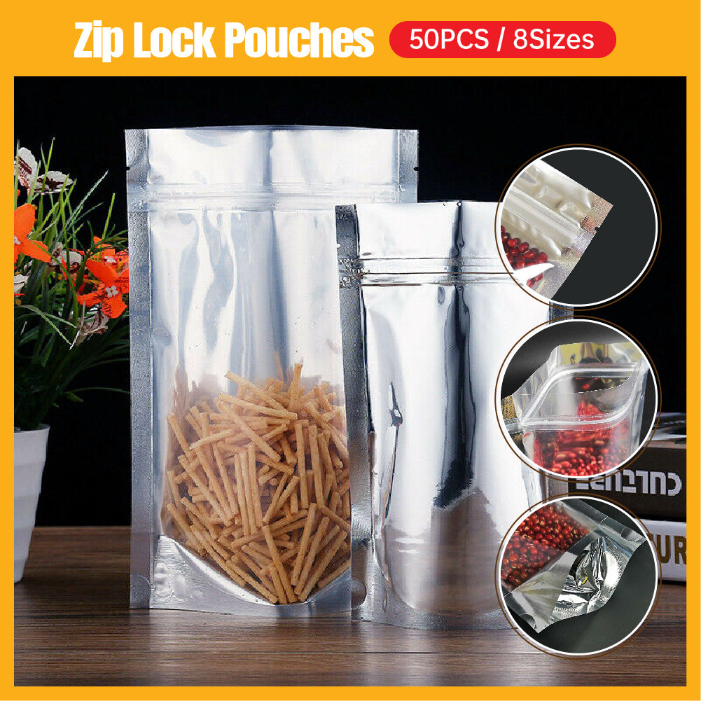 50pcs Mylar Stand Up Zip Lock Food Bags