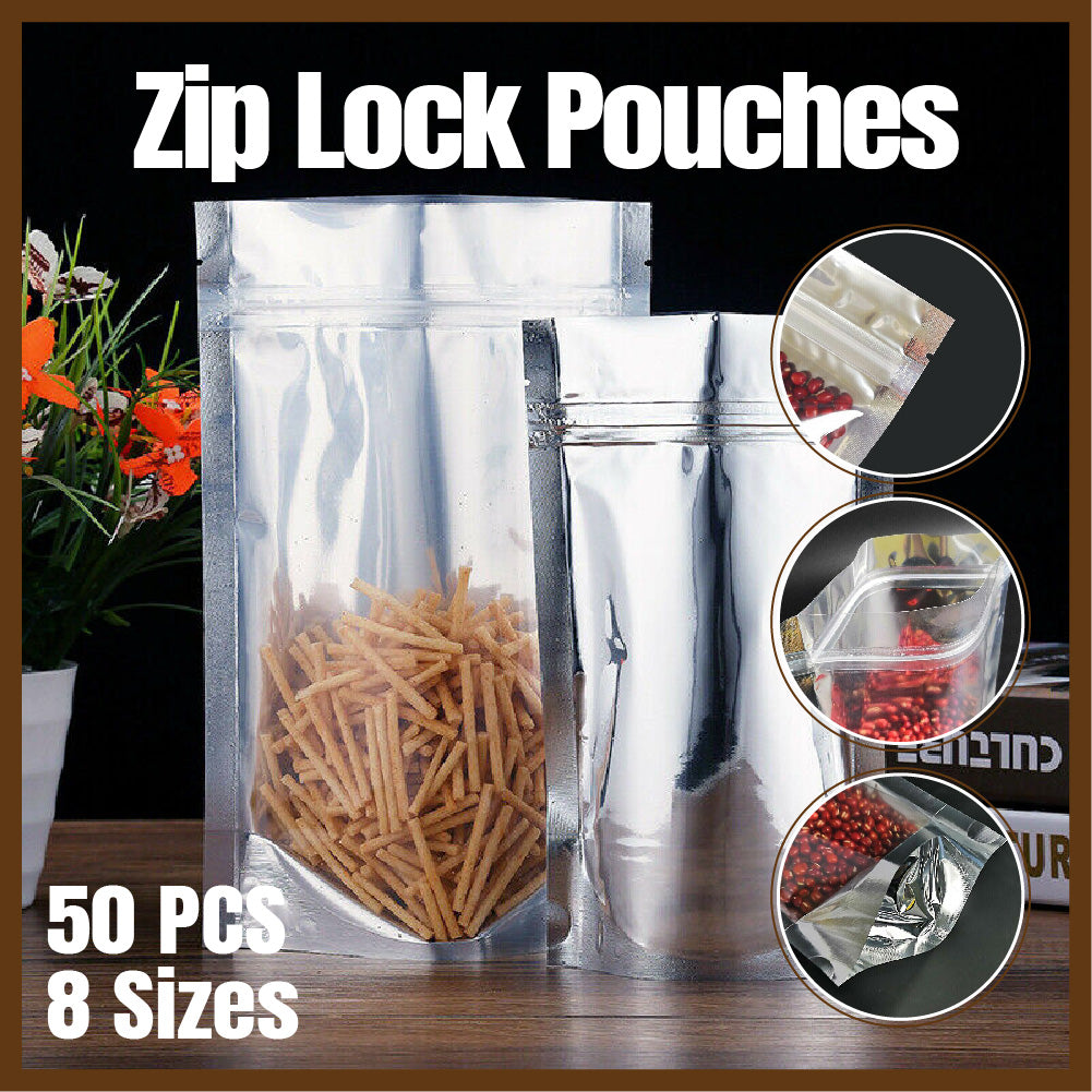 50pcs Mylar Stand Up Zip Lock Food Bags