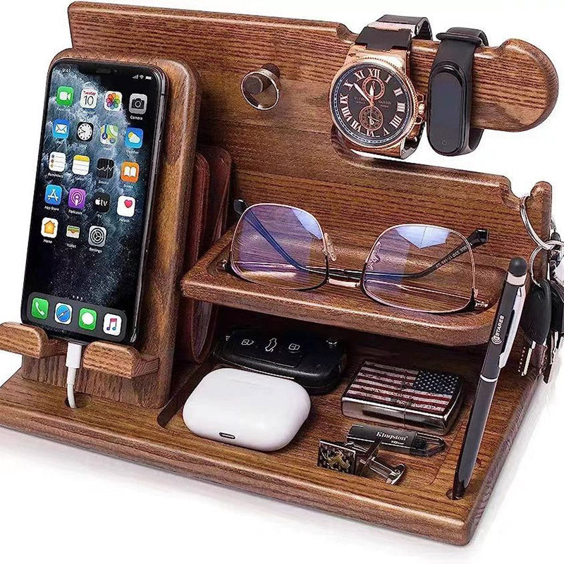 Wooden Mobile Phone Holder Desk Organiser with Storage Compartments