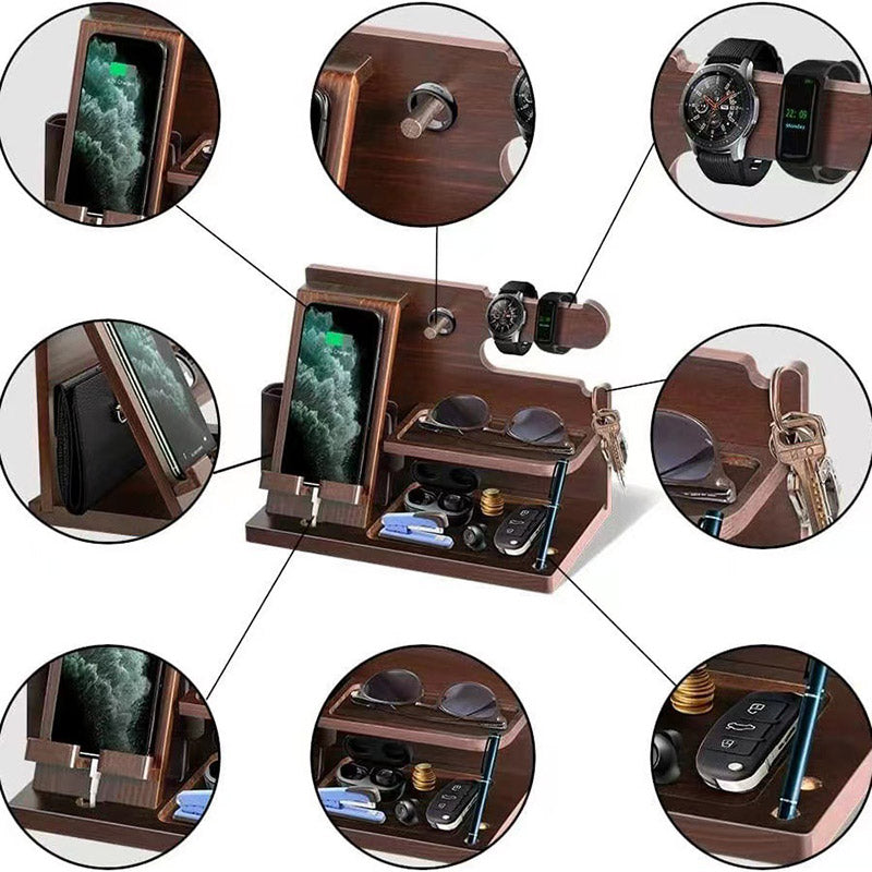 Wooden Mobile Phone Holder Desk Organiser with Storage Compartments