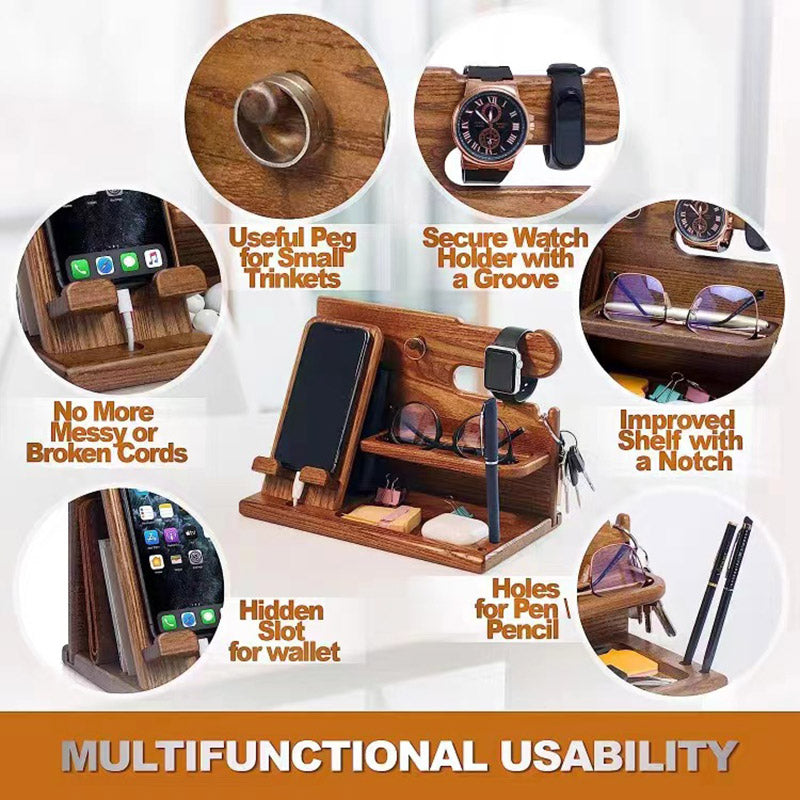Wooden Mobile Phone Holder Desk Organiser with Storage Compartments