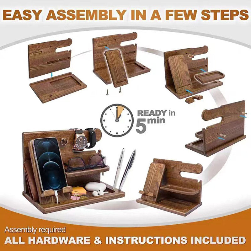 Wooden Mobile Phone Holder Desk Organiser with Storage Compartments