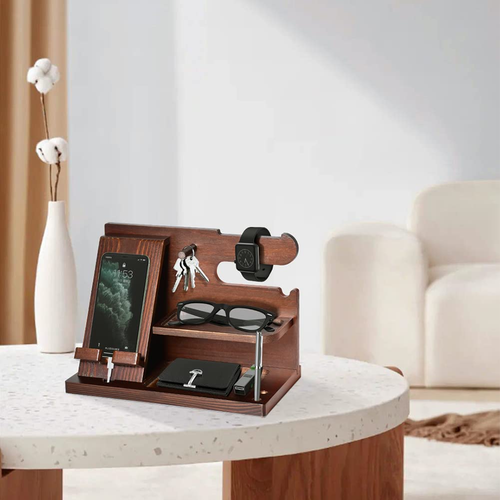 Wooden Mobile Phone Holder Desk Organiser with Storage Compartments