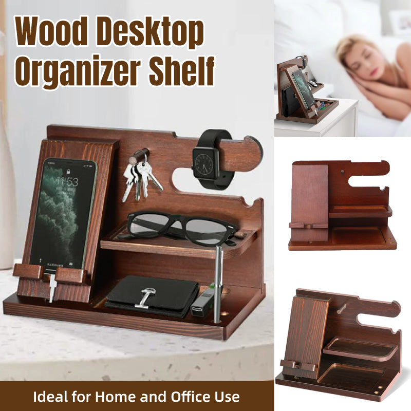 Wooden Mobile Phone Holder Desk Organiser with Storage Compartments