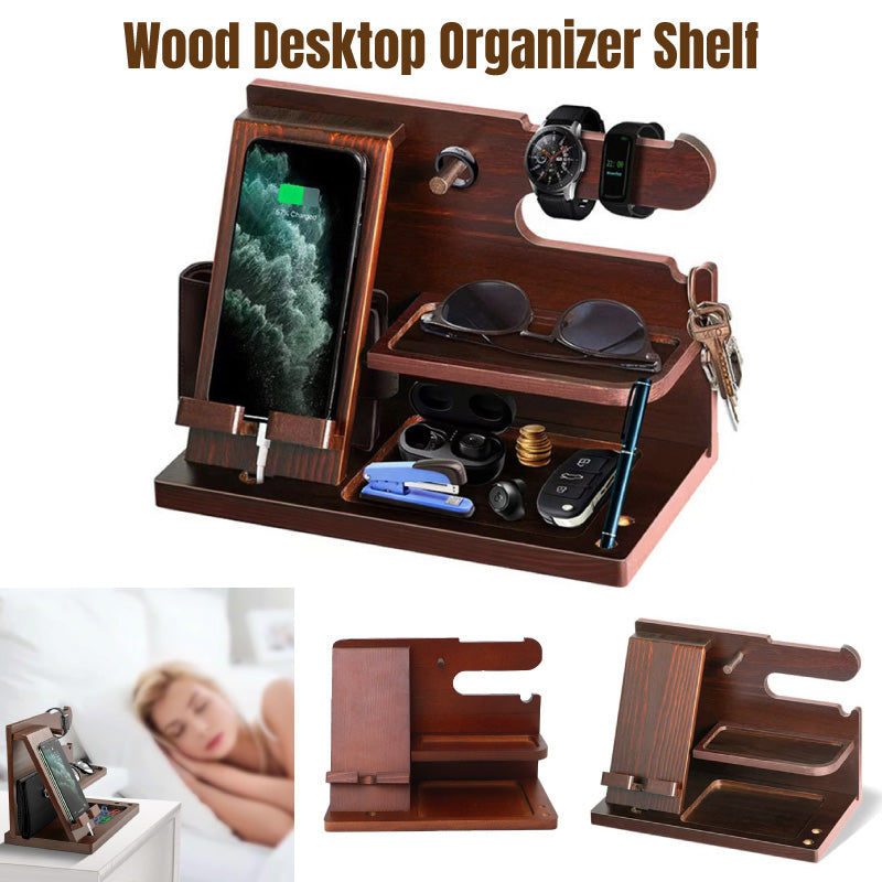 Wooden Mobile Phone Holder Desk Organiser with Storage Compartments