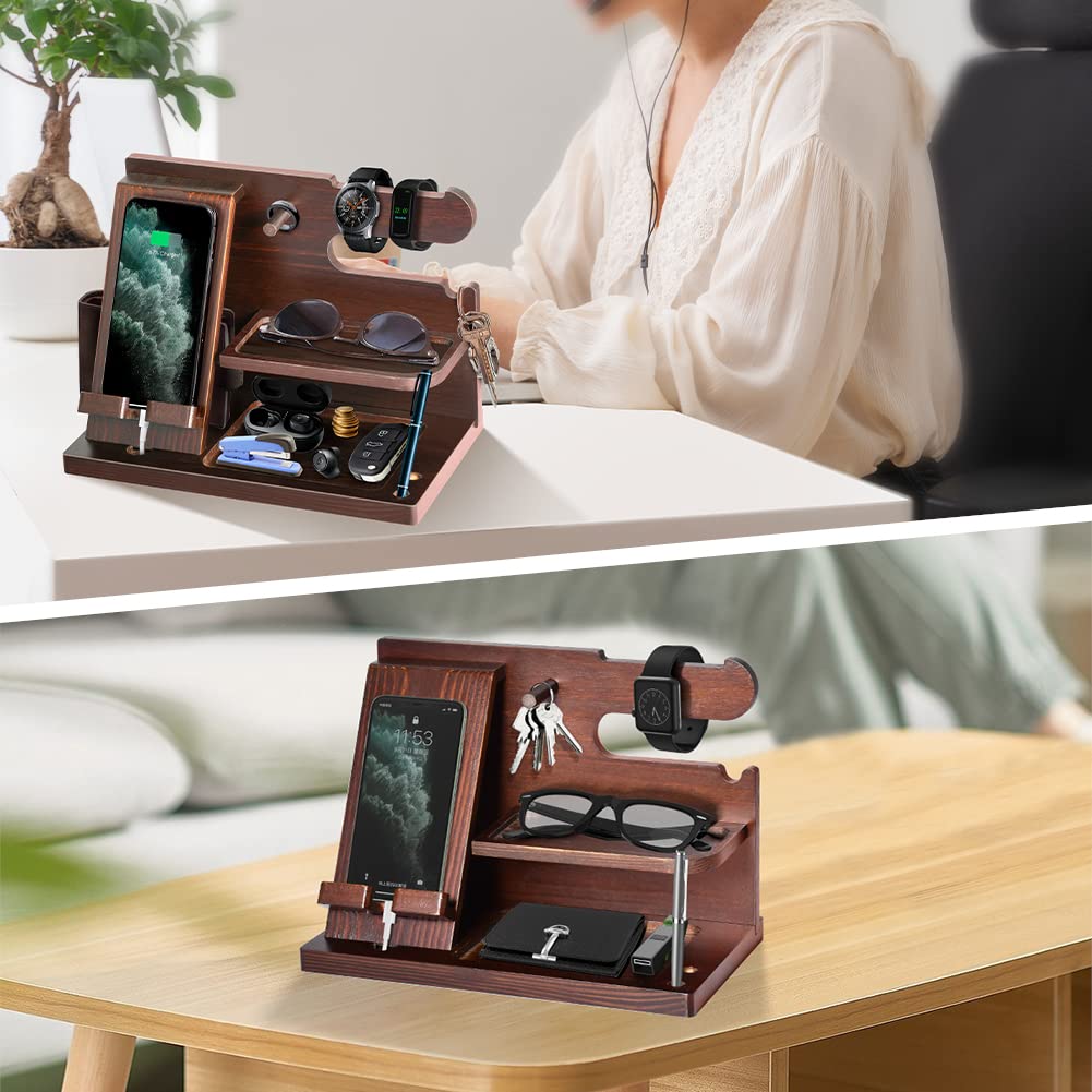 Wooden Mobile Phone Holder Desk Organiser with Storage Compartments