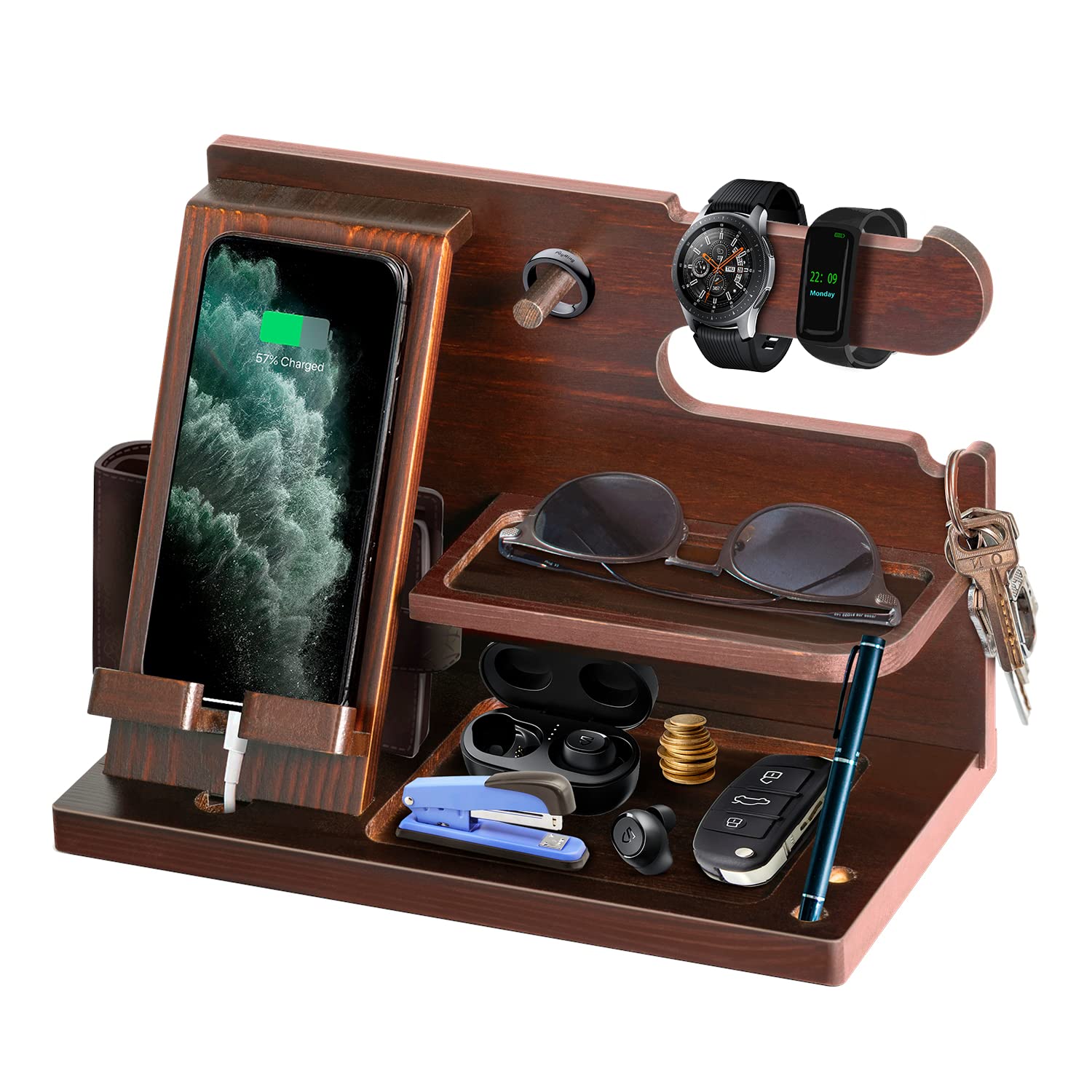 Wooden Mobile Phone Holder Desk Organiser with Storage Compartments
