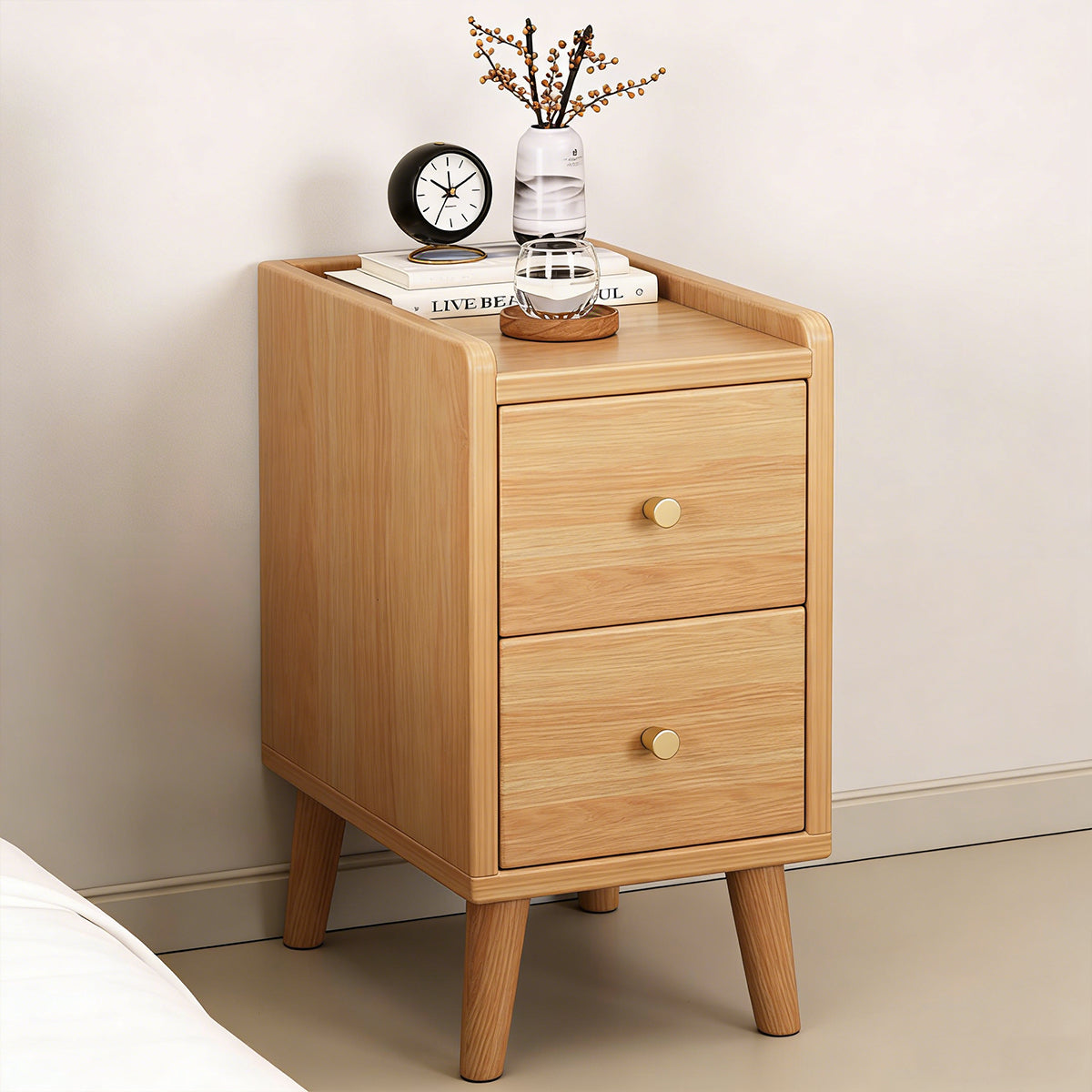 Narrow Wooden Bedside Table with 2 Drawers